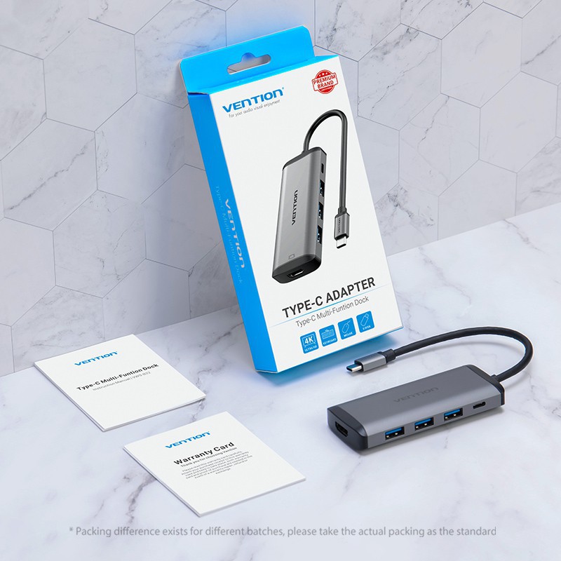 Thiết bị kết nối đa cổng Vention hub chuyển đổi USB Type C sang 4K HDMI 5 trong 1 cổng sạc PD USB 3.0