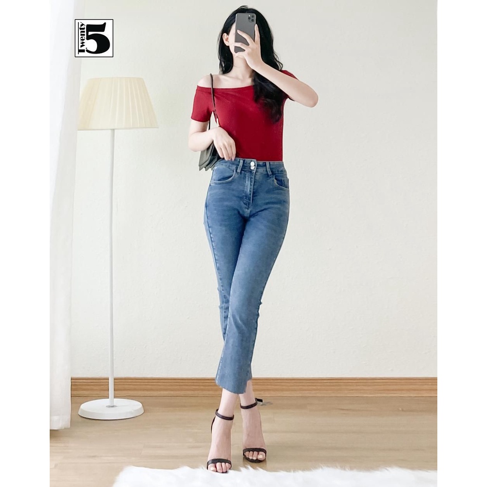 Áo thun trễ vai nữ tay ngắn dáng ôm vải cotton gân co dãn Twentyfive NN414