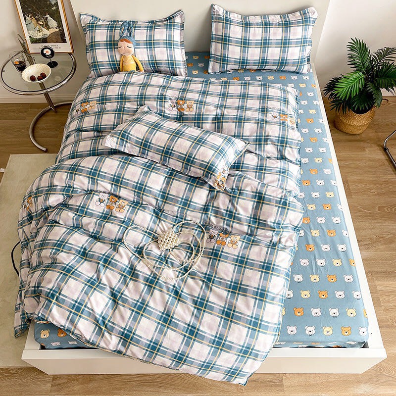 Bộ chăn ga gối Cotton Poly Bo Decor Family gấu, vỏ chăn mền, drap giường và 2 vỏ gối