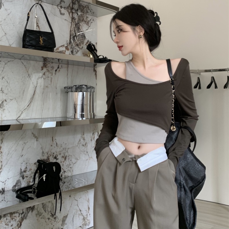 Áo Thun Dài Tay Trễ Vai Phối Màu Tương Phản Thời Trang Dành Cho Nữ