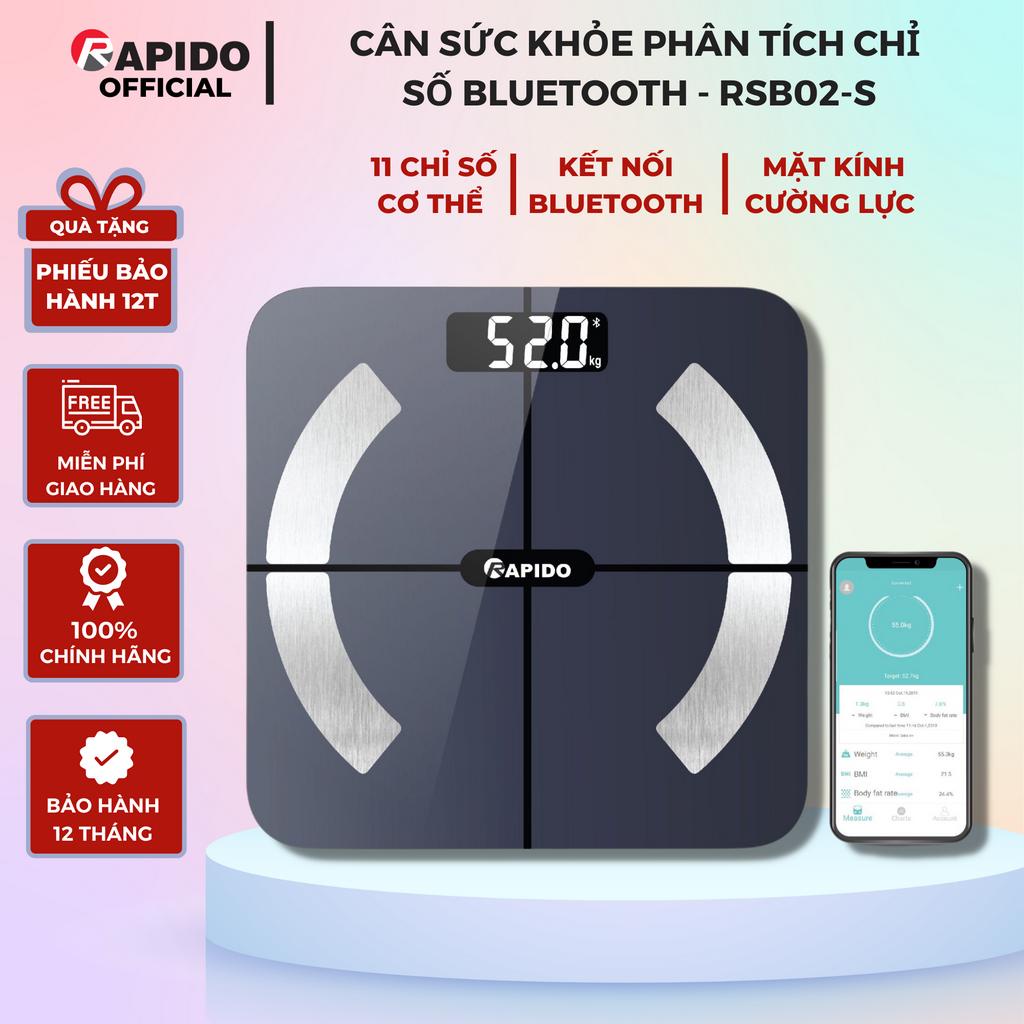 Cân điện tử sức khỏe thông minh Rapido RSB02-S, kết nối bluetooth, đo 10 chỉ số, bảo hành chính hãng 12 tháng