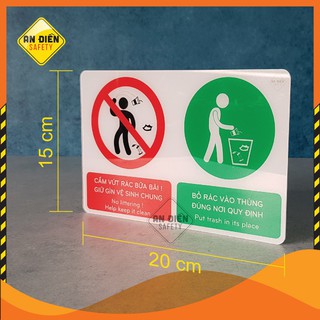 Biển báo mica CẤM XẢ RÁC YÊU CẦU BỎ RÁC VÀO THÙNG dán tường