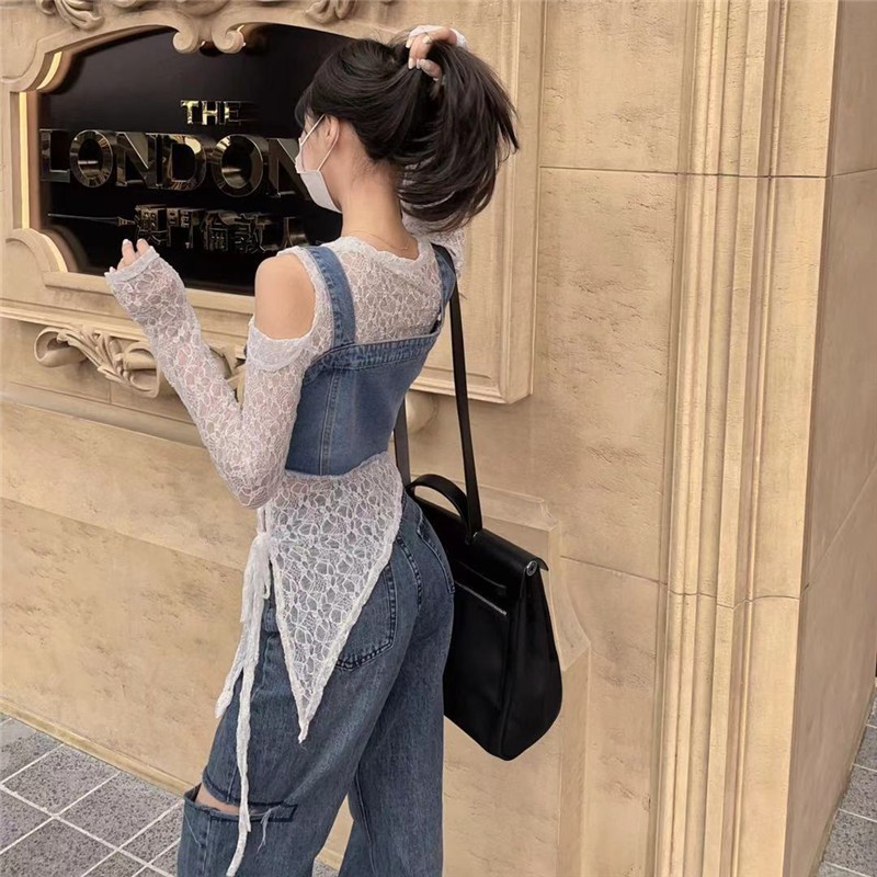 SET ÁO REN DÀI TAY VẠT CHÉO + ÁO DENIM HAI DÂY NỮ CÁ TÍNH ULZZANG AK307