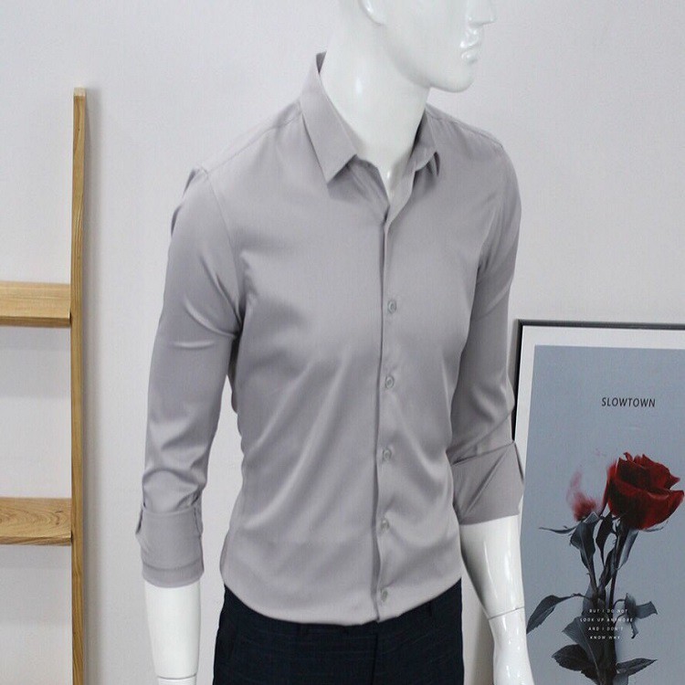 Áo sơ mi nam Davis'L chất lụa Mỹ cao cấp phong cách thời trang trẻ trung màu ghi - Diamond's Store