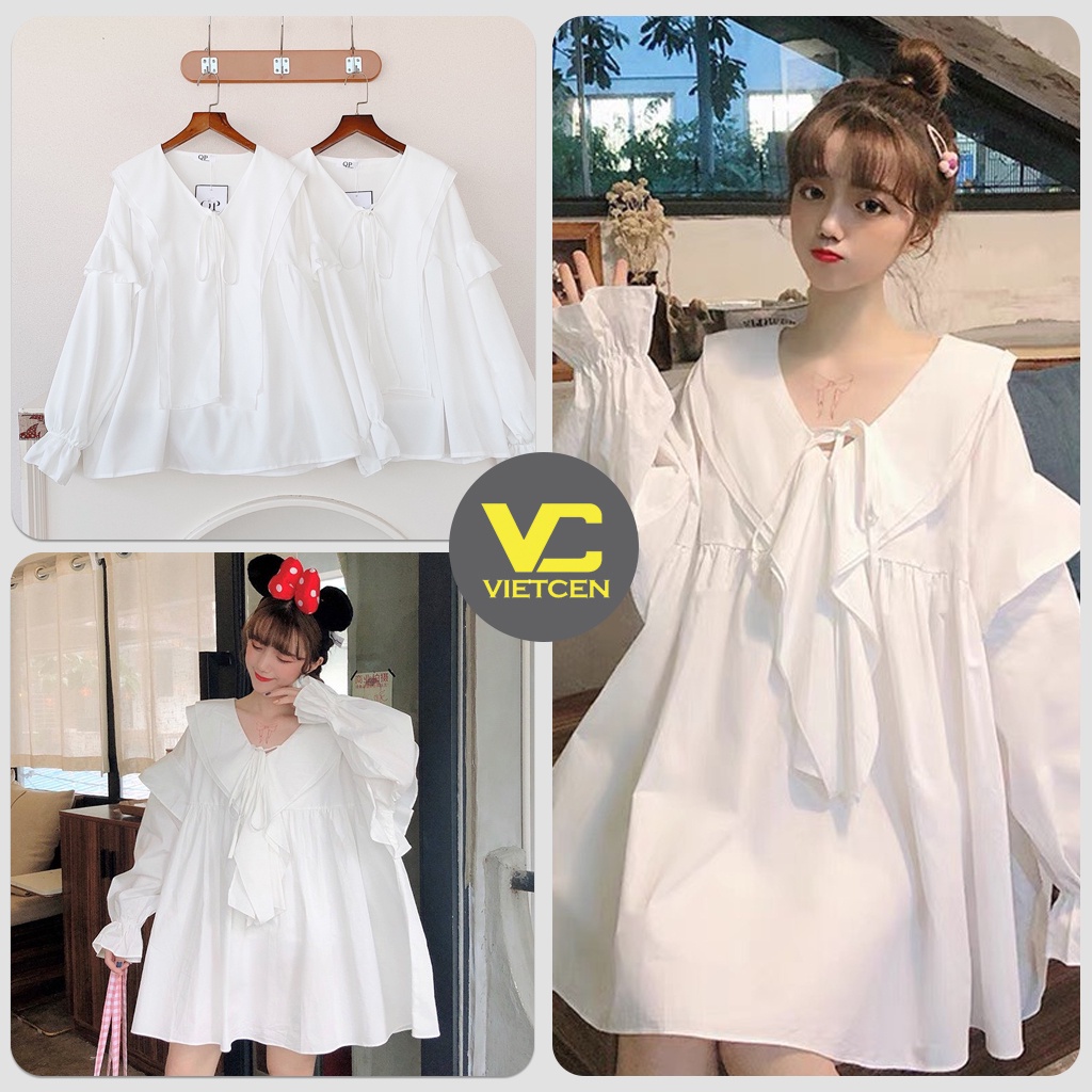 Áo Sơ Mi Trắng Cổ Y BabyDoll Tay Bồng Bánh Bèo Tiểu Thư Dễ Thương - VIETCEN