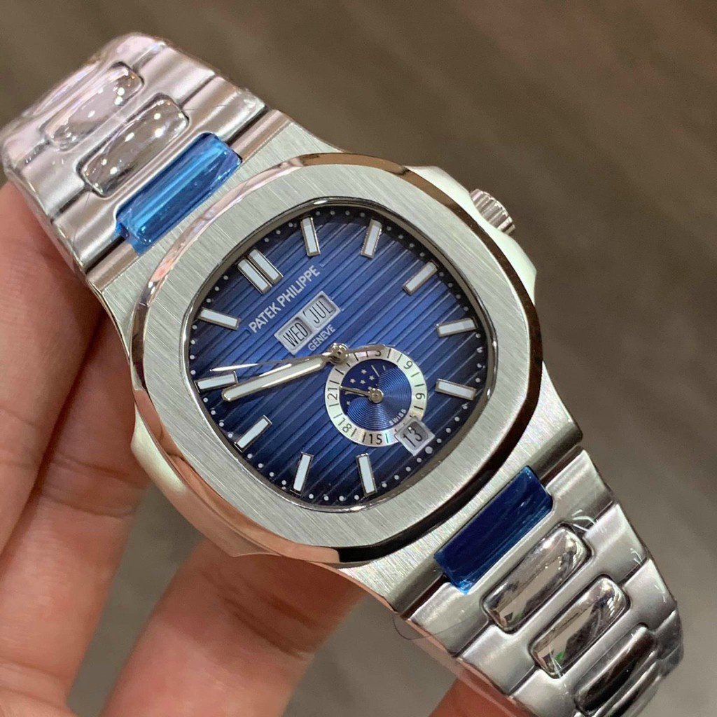 Đồng hồ Nam Ptx vuông trăng sao dây kim loại size 40-41mm có lịch date month, kim phản quang màu xanh