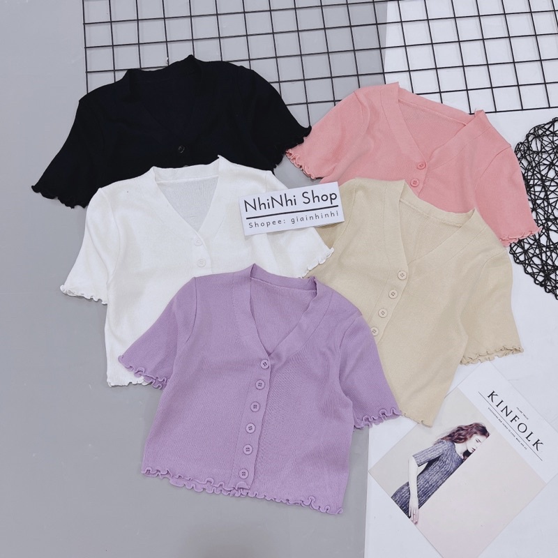 Áo len croptop cổ V cài cúc ngắn tay, Áo kiểu dáng ngắn cổ tim AL5114 - NhiNhi Shop