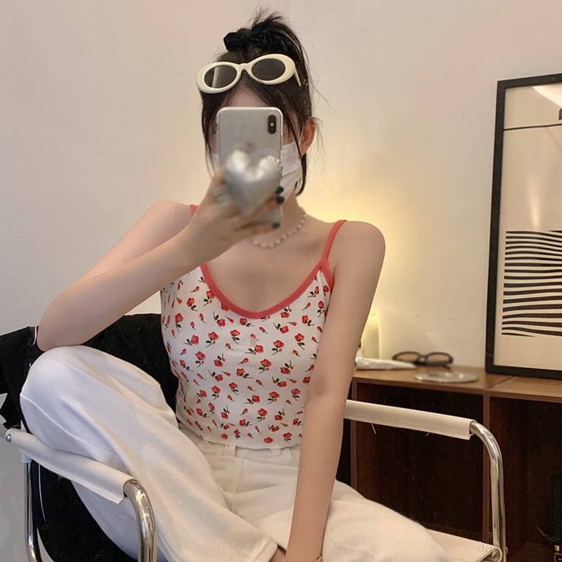 Áo Croptop Dệt Kim Cổ Chữ V In Họa Tiết Hoa Phong Cách Hàn Quốc Thời Trang Cho Nữ