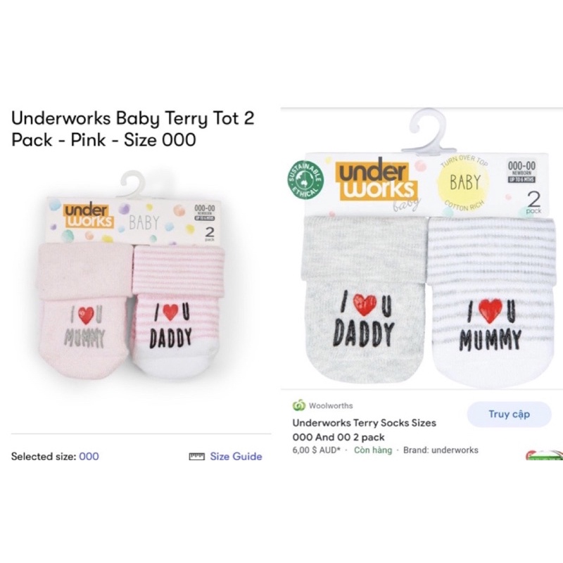 (Hot) Tất underworks bé trai, bé gái love mum &amp; dad (lẻ set sz 0-6m)