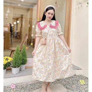 Đầm hoa dáng suông phối cổ bèo hồng dễ thương🌸 Ảnh thật