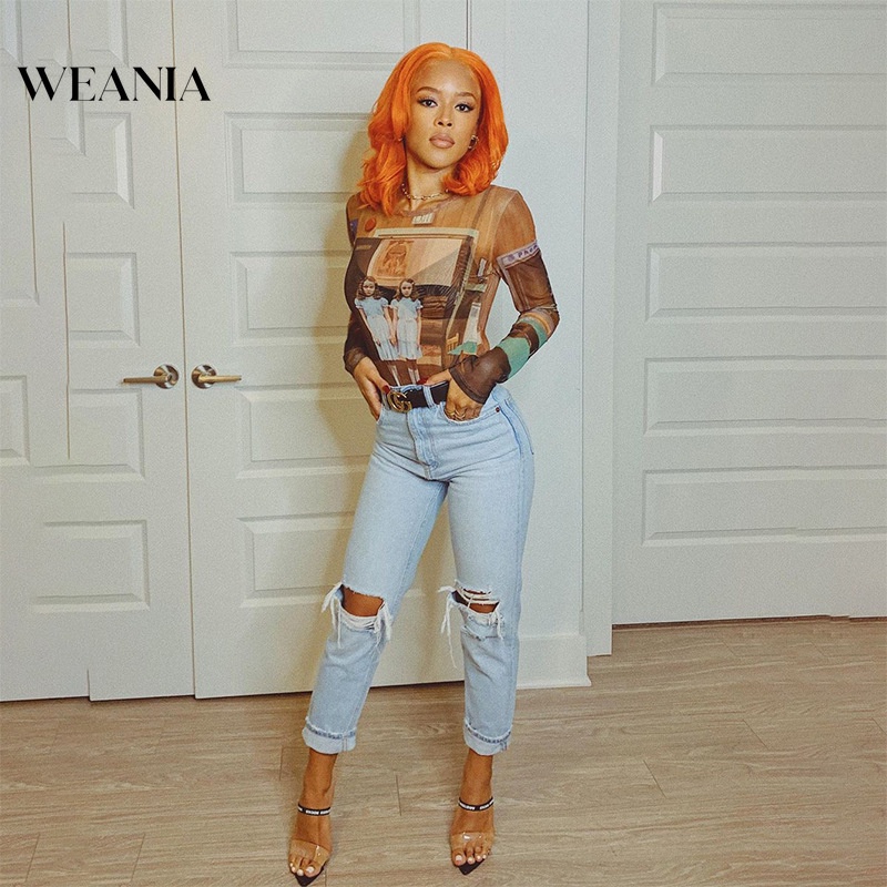 Áo Thun Tay Dài Phối Lưới In Họa Tiết Nghệ Thuật Thời Trang Cho Nữ