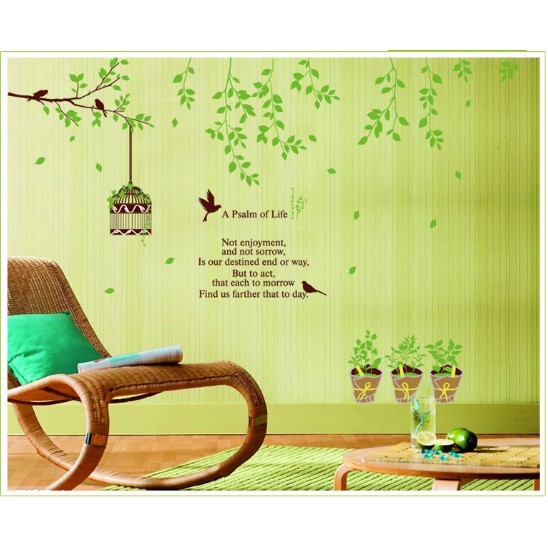 Decal trang trí mẫu Cây xanh và Lồng chim xinh