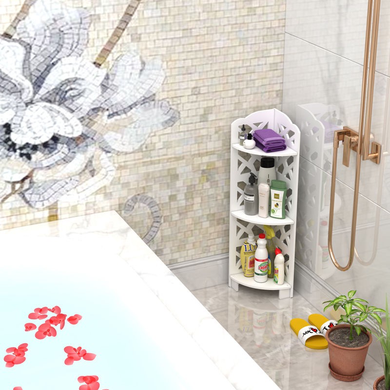 Giá nhà vệ sinh từ sàn đến trần hình tam giác gắn trên ba chân bàn trang điểm để đồ trong phòng tắm | BigBuy360 - bigbuy360.vn