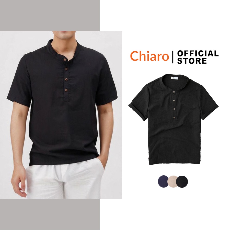 Áo sơ mi đũi nam ngắn tay cổ tàu 3 khuy mềm mịn không nhắn cao cấp Chiaro