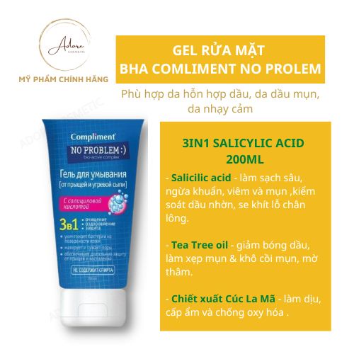 Gel rửa mặt BHA Compliment No Problem, sữa rửa mặt làm sạch sâu, ngừa viêm &amp; mụn cho da dầu mụn 200ml