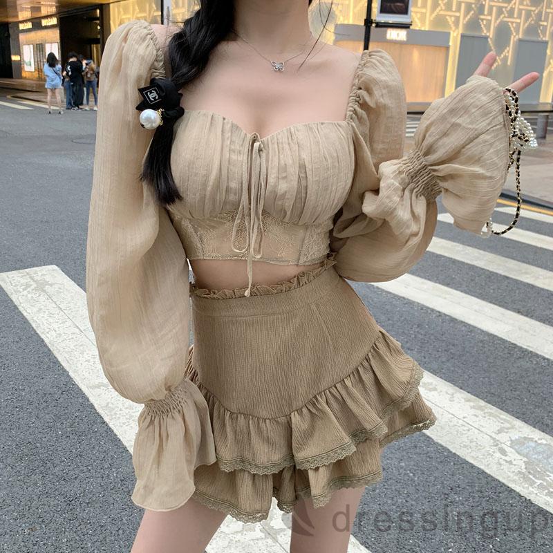 Áo sơ mi chắp vải xuyên thấu tay dài màu trơn cho nữ