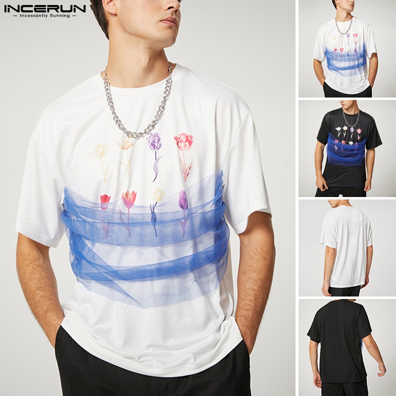 Áo thun INCERUN tay ngắn in họa tiết hoa phối lưới thời trang dành cho nam