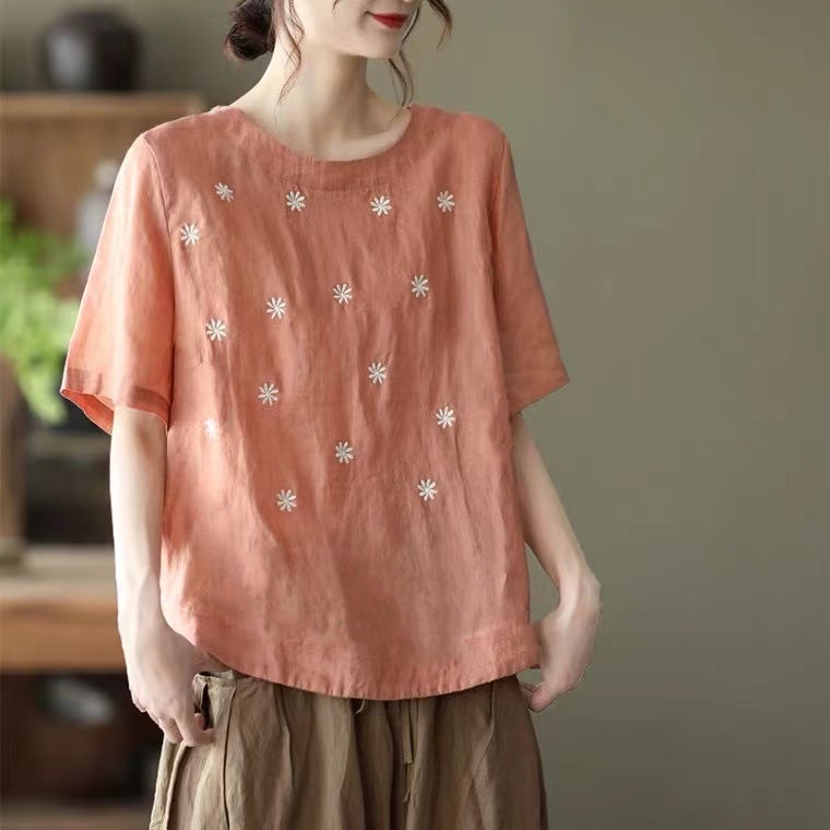 Áo Thun Tay Ngắn Chất Liệu 100% Cotton Thêu Họa Tiết Plus Size Màu Sắc Retro Thời Trang Mùa Hè Cho Nữ