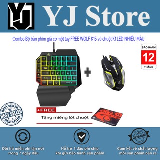 Combo Bộ bàn phím giả cơ một tay FREE WOLF K15 và chuột K1 LED NHIỀU MÀU + Bộ Kệ Nối chơi trên ĐT + Tặng lót chuột-YJ