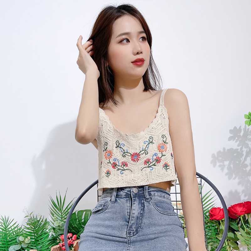 Áo Croptop Dệt Kim Không Tay Thêu Hoa Nhiều Màu Sắc Dành Cho Nữ