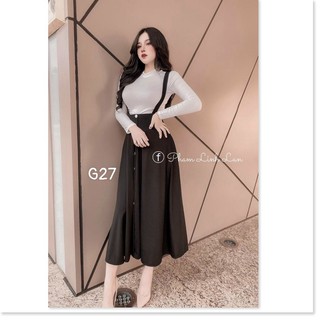 Set áo cổ tròn tay dài đâm yếm 2 dây nút giữa