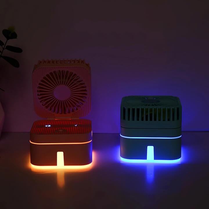 Quạt phun sương mini để bàn sạc điện USB có đèn Led có thể gấp gọn hình khối lập phương