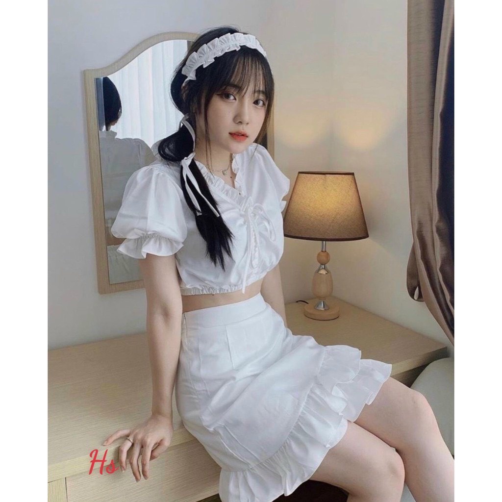 Sét váy nữ thời trang mặc đi chơi, Sét váy lụa 2 lớp áo tay ngắn cổ V rút ngực mix chân váy chữ A kèm băng đô dễ thương