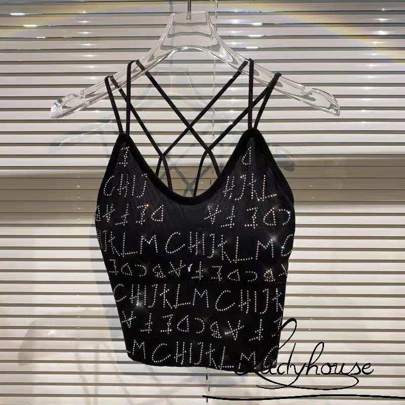 Áo Hai Dây Ôm Dáng In Chữ Đính Đá Có Đệm Ngực Gợi Cảm Cho Nữ