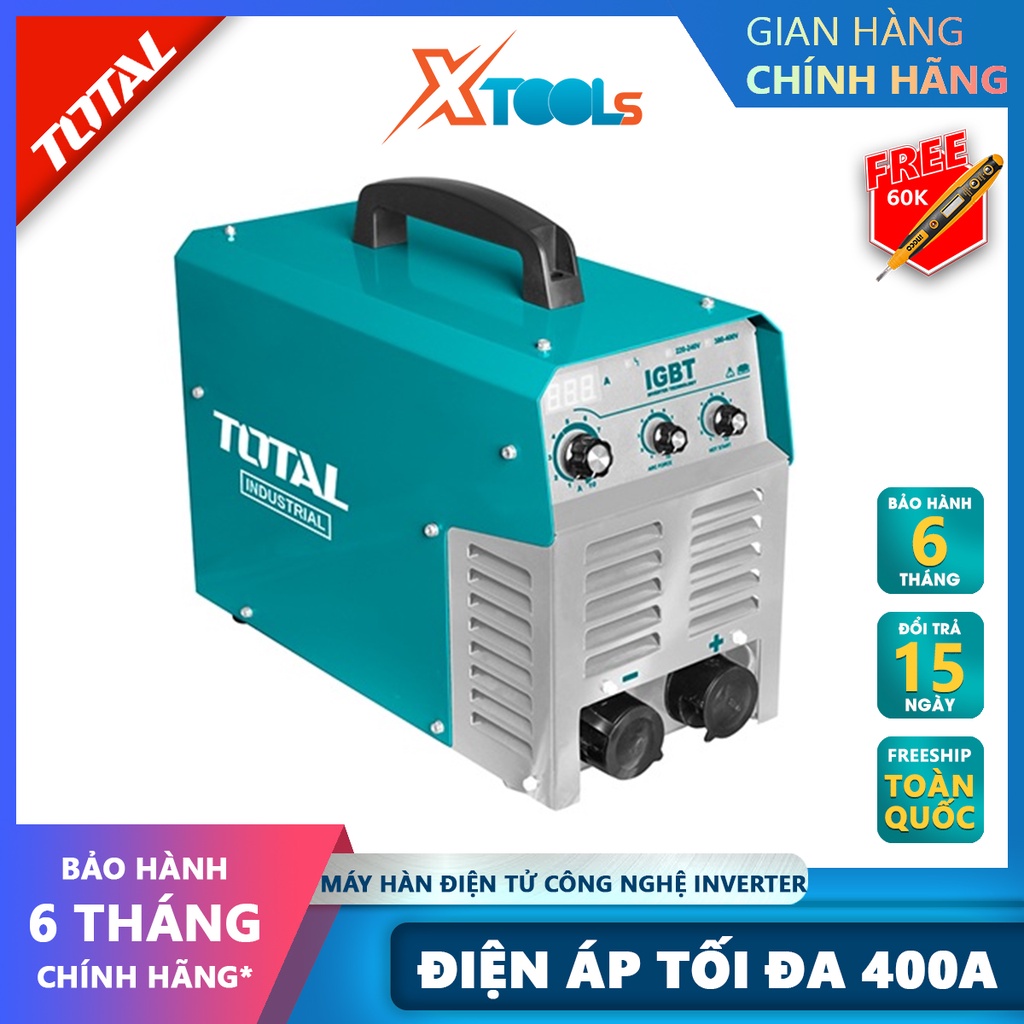 Máy hàn điện tử  TOTAL TW24005 Máy hàn điện tử Inverter MMA Nguồn vào 27 kVA  Dòng điện: 20-400A  Điện cực hàn Ø1.6-6.0m