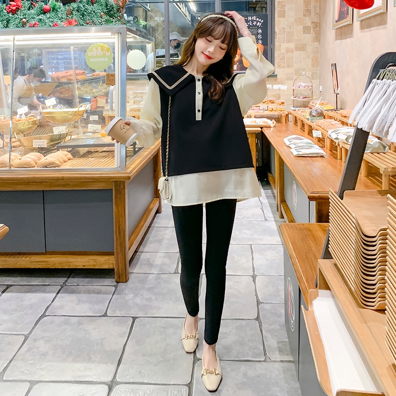 Quần Áo Bầu Thu Đông, Phong Cách Hàn Quốc Siêu Xinh, cổ vintage phối viền