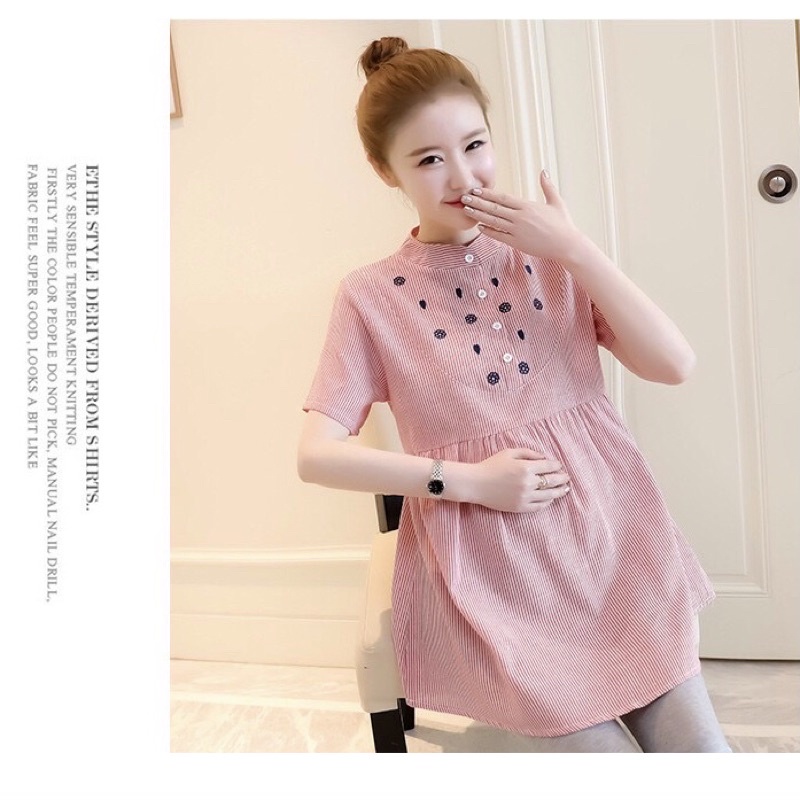 Áo bầu, áo sơ mi cộc tay dáng babydol có cúc cài cổ, mặc cả bầu to và sau sinh cho bé ti tiện dụng size 40-70kg
