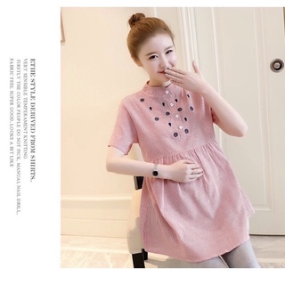 Áo bầu, áo sơ mi cộc tay dáng babydol có cúc cài cổ, mặc cả bầu to và sau sinh cho bé ti tiện dụng size 40-70kg