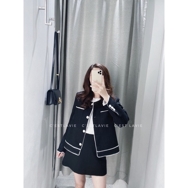 Áo tweed đen viền trắng cúc bọc | BigBuy360 - bigbuy360.vn