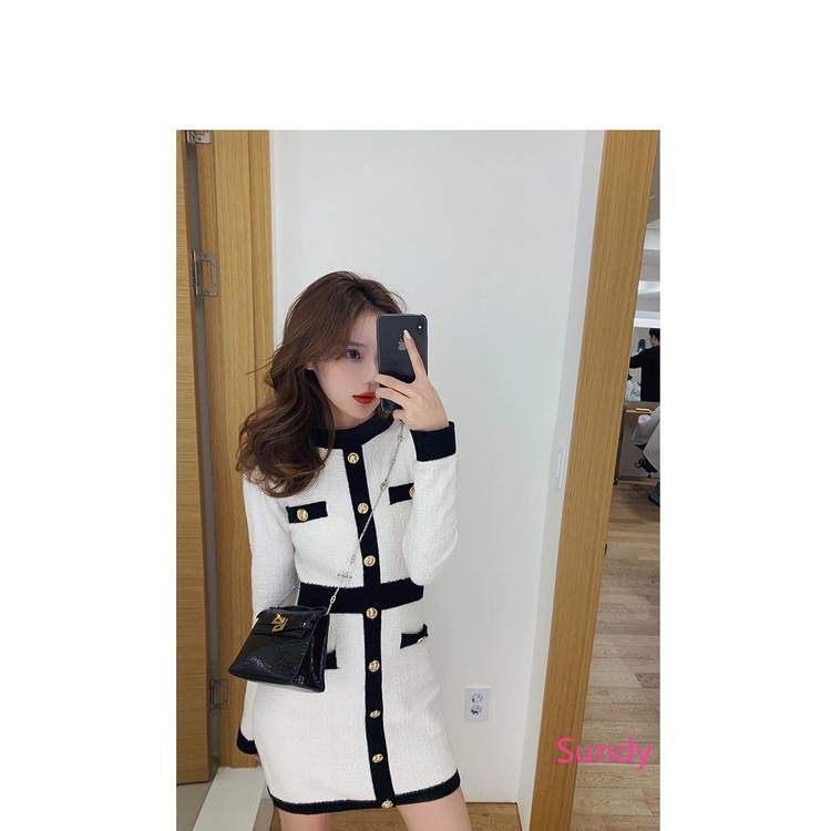 Đầm Dệt Kim Tay Dài Phong Cách Vintage Thời Trang Thu Đông Dành Cho Nữ