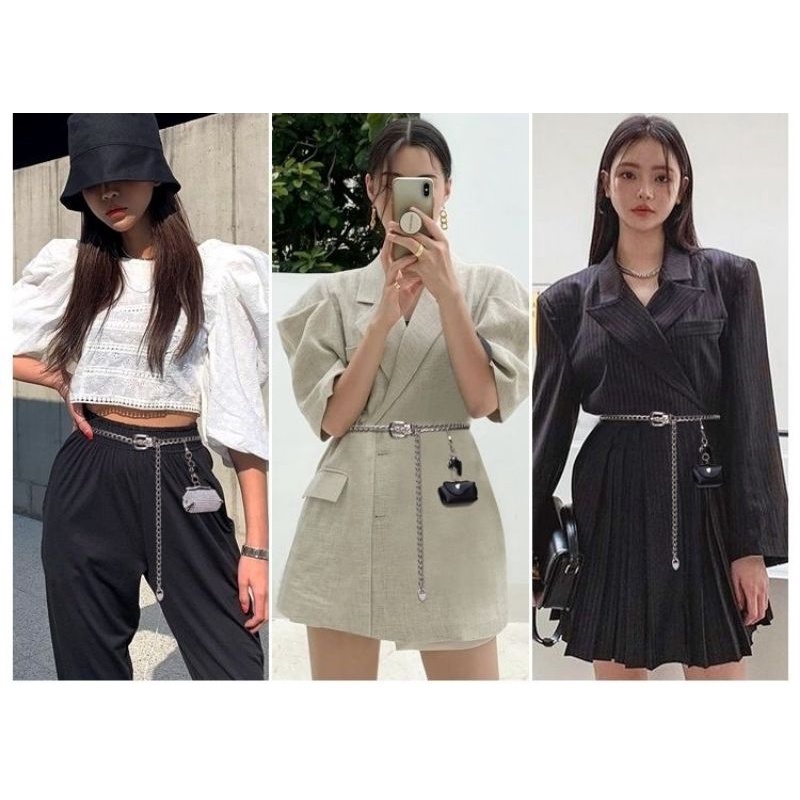 Thắt lưng / đai lưng xích hợp kim cài khóa đính túi mini trang trí sành điệu