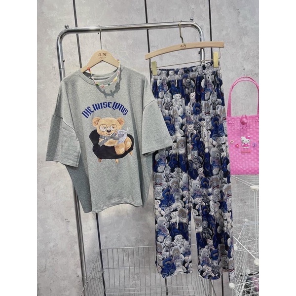 Set quần suông gân áo thun cotton gấu mang kiếng