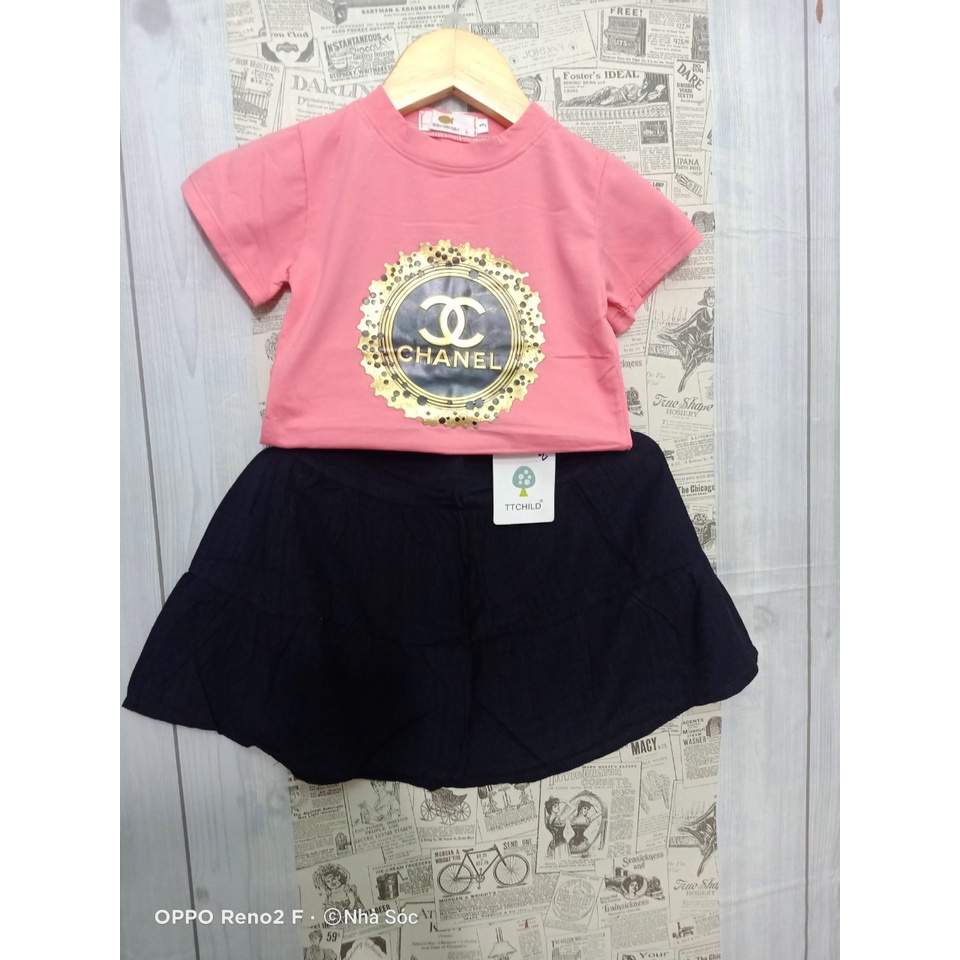 Set váy bé gái, Set chân váy kèm áo thun cotton họa tiết Chanel