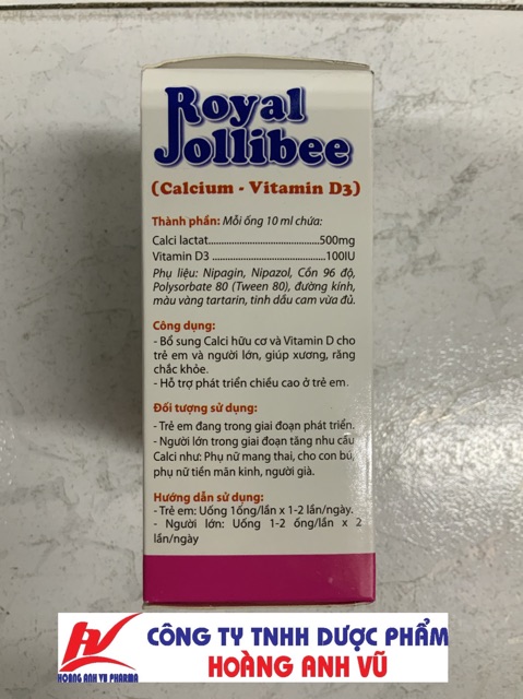 ROYAL JOLLIBEE - BỔ SUNG CALCI VÀ VITAMIN D3 CHO BÉ (HỘP 20 ỐNG)