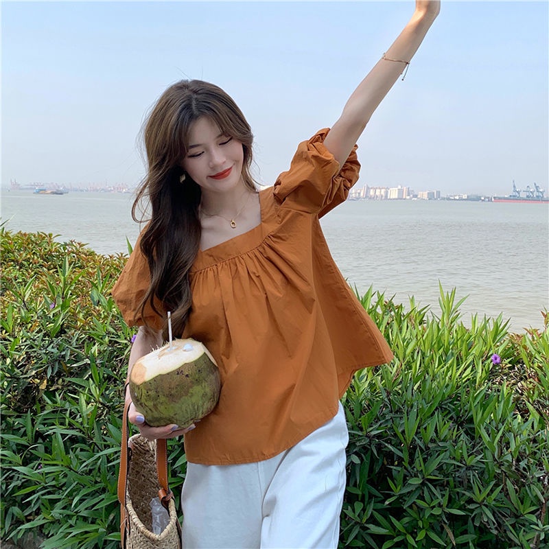 Áo Sơ Mi Tay Ngắn Phồng Cổ Vuông Thời Trang Dành Cho Nữ