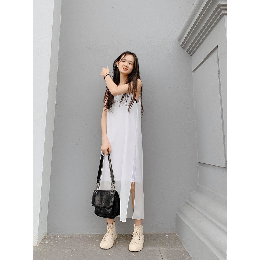 Đầm Voan 2 lớp Xẻ Vạt PEONYB Nữ [FREESHIP] 🌸 Váy 2 dây dáng suông mặc đi biển màu TRẮNG | ĐEN Ulzzang HOT 🌸 | BigBuy360 - bigbuy360.vn