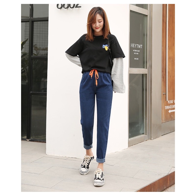 Ht-quần jean baggy big size trơn lưng thun dây rút size đại 65-120kg