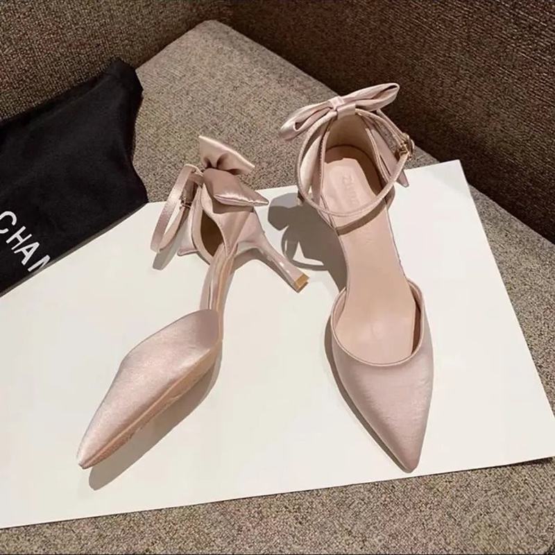 Giày cao gót mũi nhọn vải satin phối khóa cài thời trang nhiều màu sắc tùy chọn cho nữ