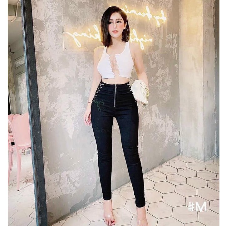 Quần jeans nữ oze dây xích vải co giãn mạnh lưng cao chất đẹp