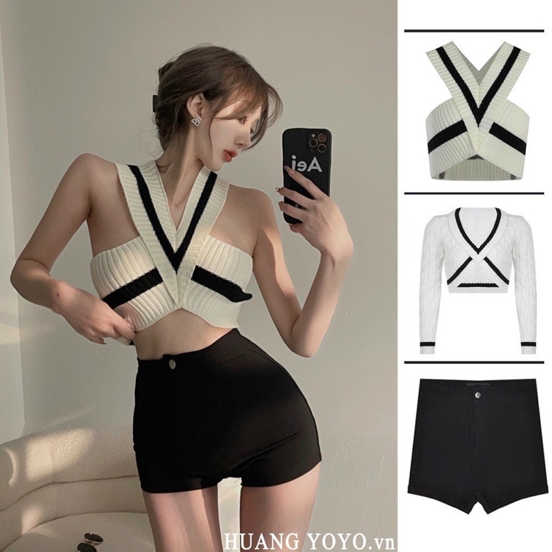 Áo len kiểu croptop phối viền cổ yếm dây bảng to chéo lưng hàng QC B65