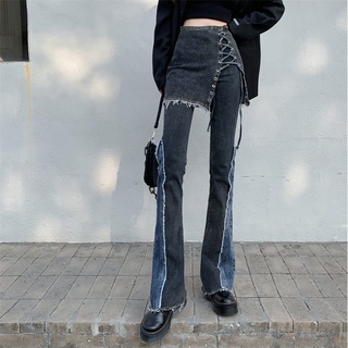 Quần jean dài ống loe 2 màu lưng cao phối váy ngắn đan dây cá tính siu hot
