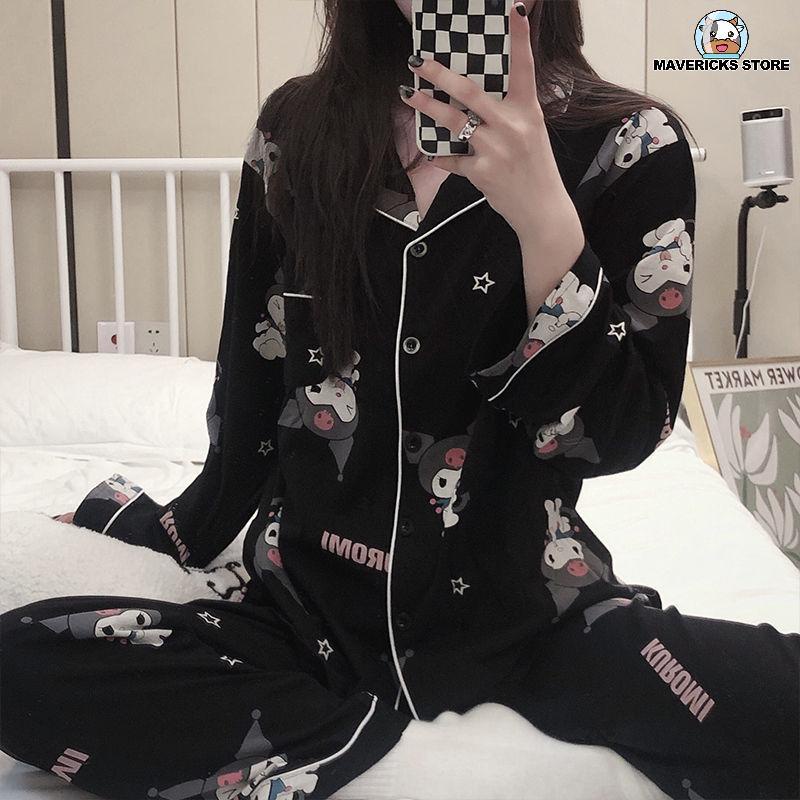 Bộ đồ ngủ tay dài màu đen phong cách Hàn Quốc
