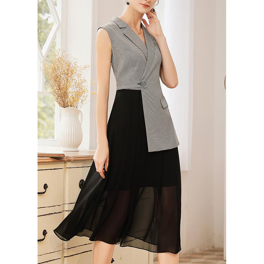 [GIÁ CỰC RẺ] Đầm Xòe Dự Tiệc Kiểu Đầm Cổ Vest Đính Nút Họa Tiết Caro Nhí D3122