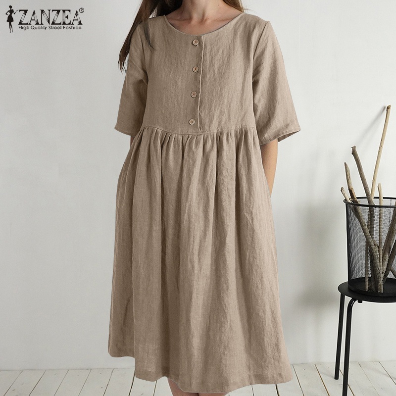 Đầm Zanzea mini tay lửng cài nút màu trơn đơn giản dễ phối đồ phong cách đường phố Hàn Quốc cho nữ