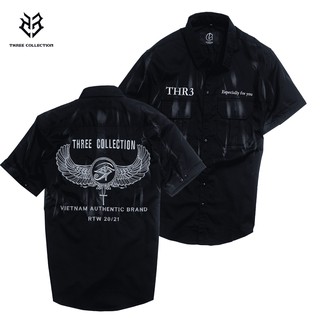 Áo sơ mi tay ngắn thêu thập giá-đôi mắt THREE COLLECTION chất kaki co dãn đen was
