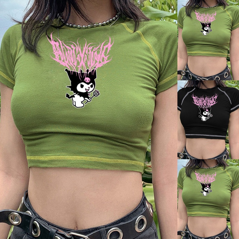 Áo Thun Tay Ngắn Cổ Tròn In Họa Tiết Hoạt Hình Phong Cách Harajuku